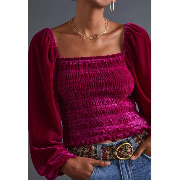 Anthropologie Tops - By Anthropologie Puff-Sleeved Velvet Blouse Jeweltone Pink - Small